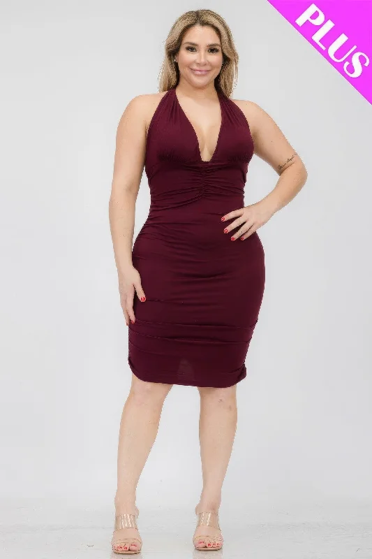 Firm - fitting  Plus Plunging Neck Crisscross Back Ruched Bodycon Mini Dress