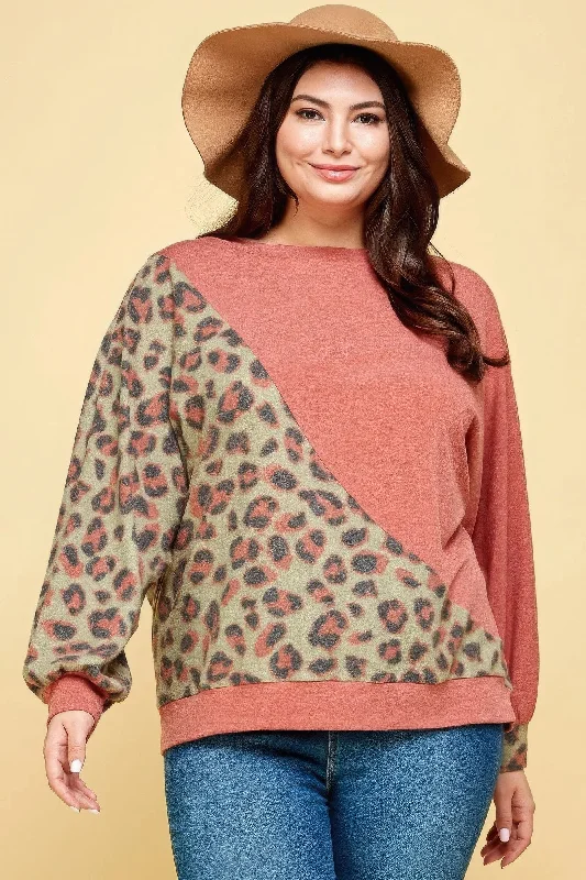 High - quality  Plus Size Cute Animal French Terry Brush Contrast Print Pullover