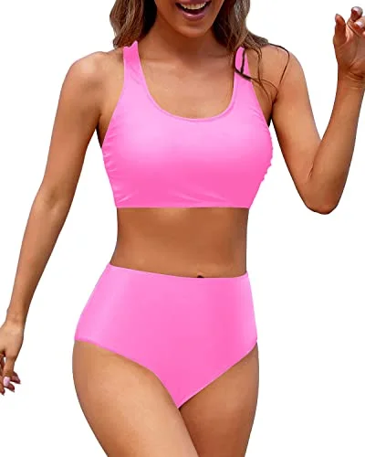 Flattering Teen Girls High Waisted Two Piece Bikini Sports Swimsuit-Light Pink