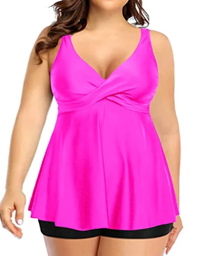 Flowy Plus Size Tankini Swim Top With Boy Shorts For Women-Hot Pink