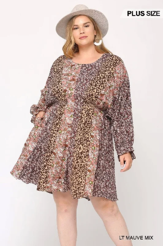 Flattering - fit  Print Mixed Dolman Sleeve Dress With Side Pockets