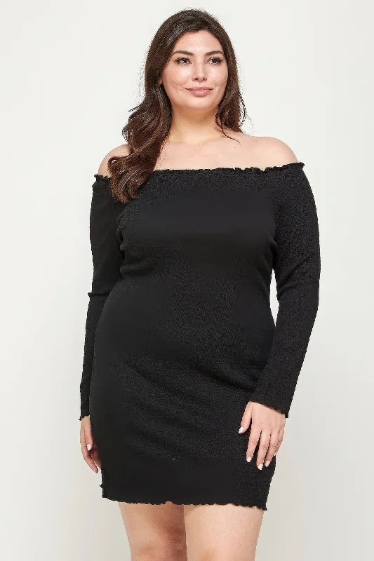 Breathable - fabric  Plus Size, Solid Smocked Off Shoulder Dress