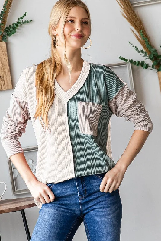 Soft - touch  Heimish Color Block Exposed Seam Ribbed T-Shirt