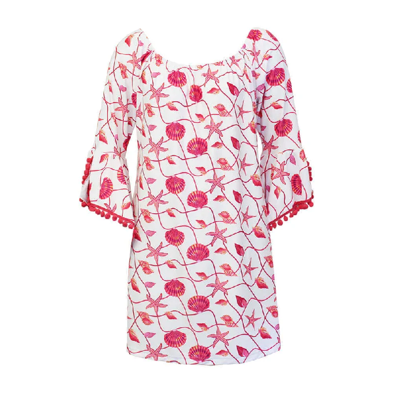 Beach - ready  Island Trends Michelle Print Dress with Pompoms - Pink Shell Life