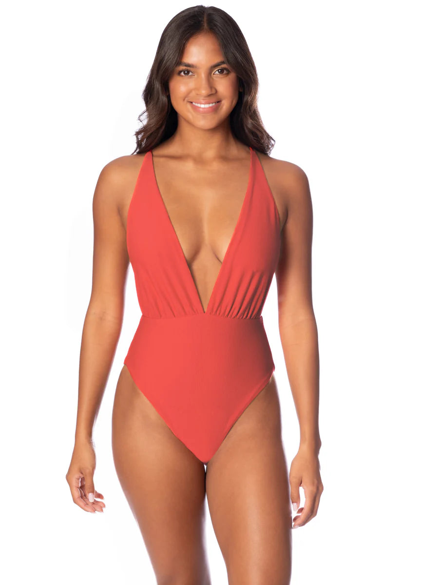 Beach - volleyball - suitable  Maaji Red Camelia Safri Plunge One Piece