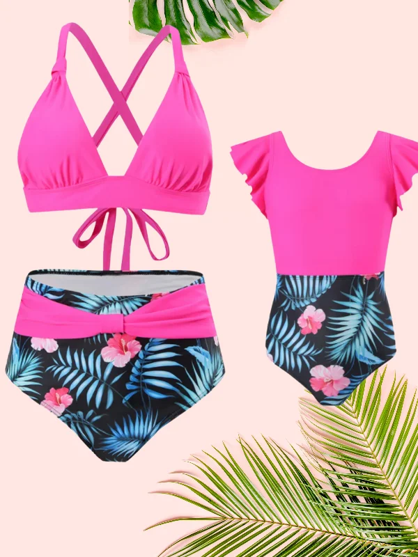 Mommy and Me Pink and Tropical Swimsuit