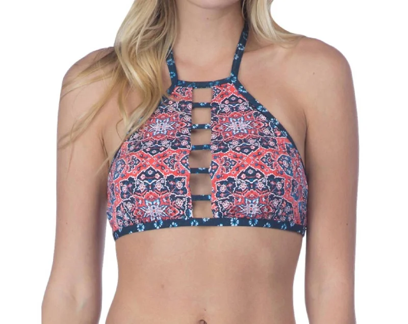 Wrinkle - resistant  Reversible Medallion High Neck Bikini Top In Festival