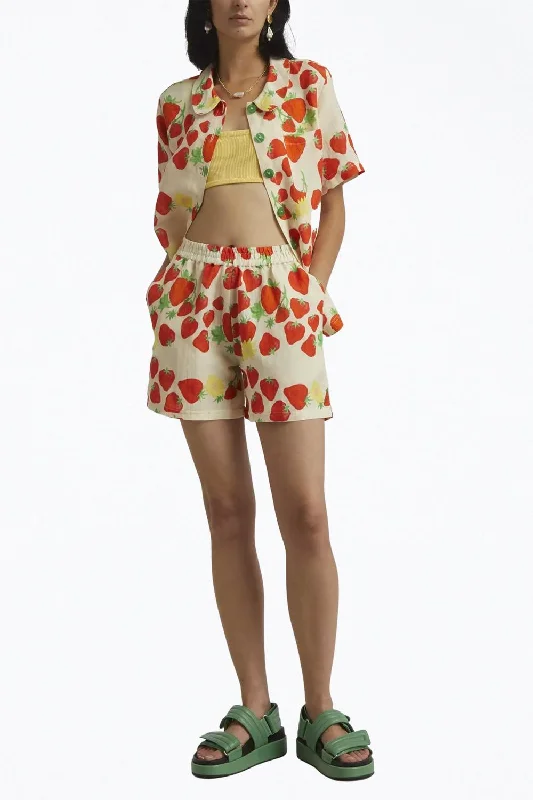 Sun - shielding  Strawberry-Print Linen-Blend Shorts In Beige