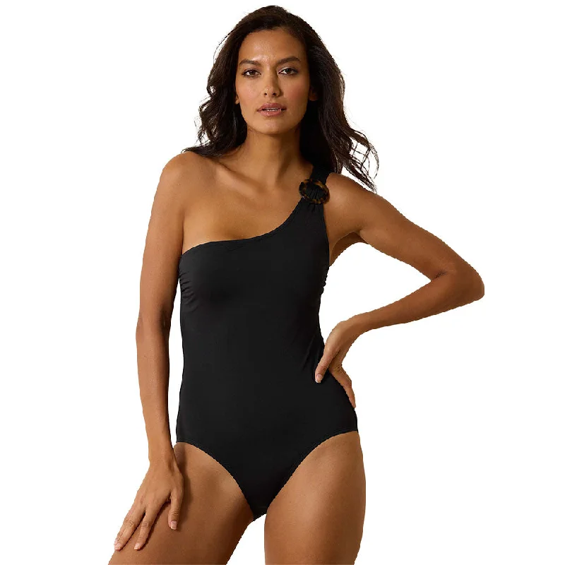 Tropical - themed  Tommy Bahama Pearl Novelty One Shoulder One Piece Swimsuit - Black*