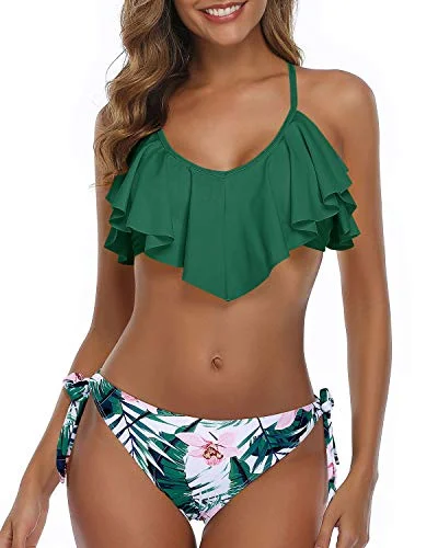Beach - ready  Flounce Bikini Top Women Cross Back Bathing Suit-Green Tropical Floral