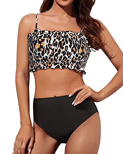 Adjustable Shoulder Straps Design Smocked 2 Piece Swimsuit-Black And Leopard