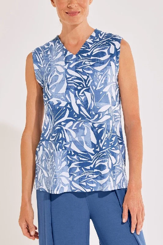 Beach - volleyball - suitable  Women's Vedra V-Neck Tunic Top | Contemporary Blue Abstract Leaves